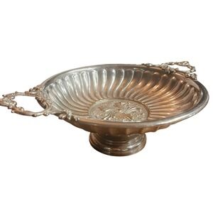 Vintage Silver Plated Pedestal Bowl Ornate Scroll Handles Fluted Centerpiece